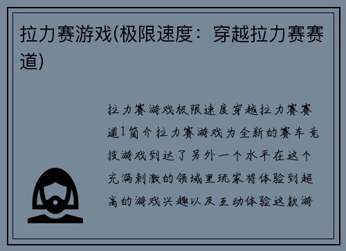 拉力赛游戏(极限速度：穿越拉力赛赛道)