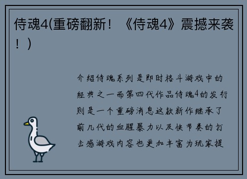 侍魂4(重磅翻新！《侍魂4》震撼来袭！)
